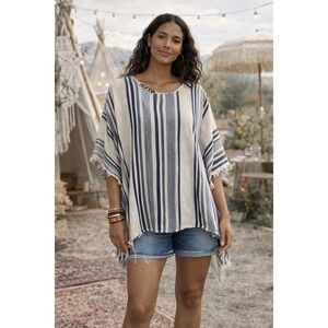 Xirena Womens Striped Linen Poncho Top XS Blue White Frayed  Oversized Kaftan